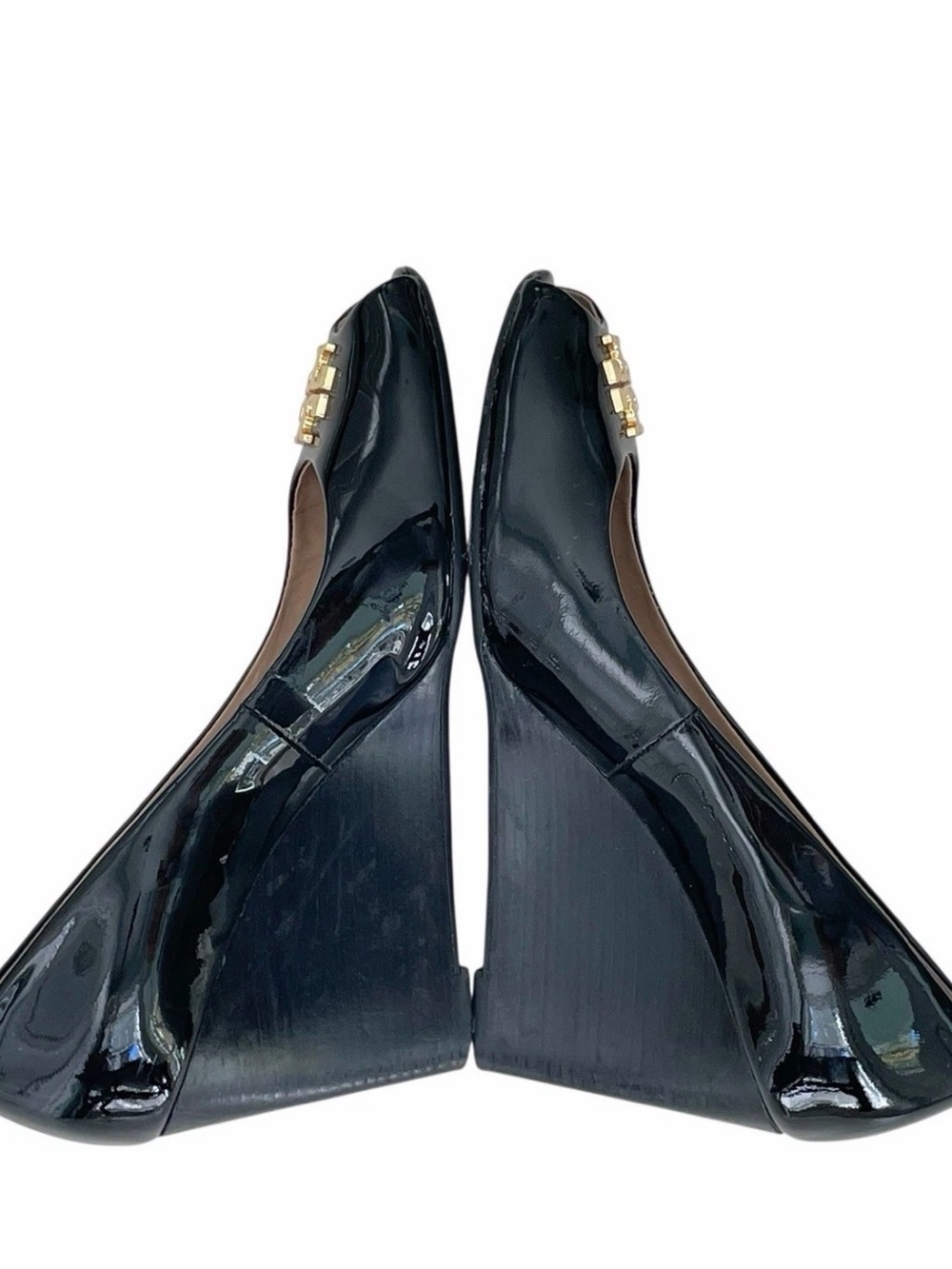 Tory Burch Black Patent Leather Peep-Toe Wedge with Gold Logo - Picture 2 of 15